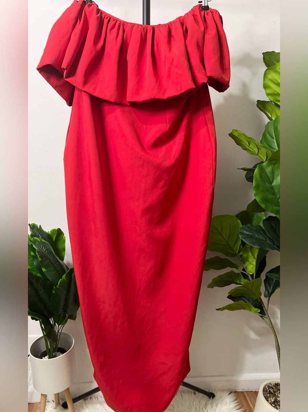 Fashion Nova Red Off-Shoulder Ruffle Maxi Dress